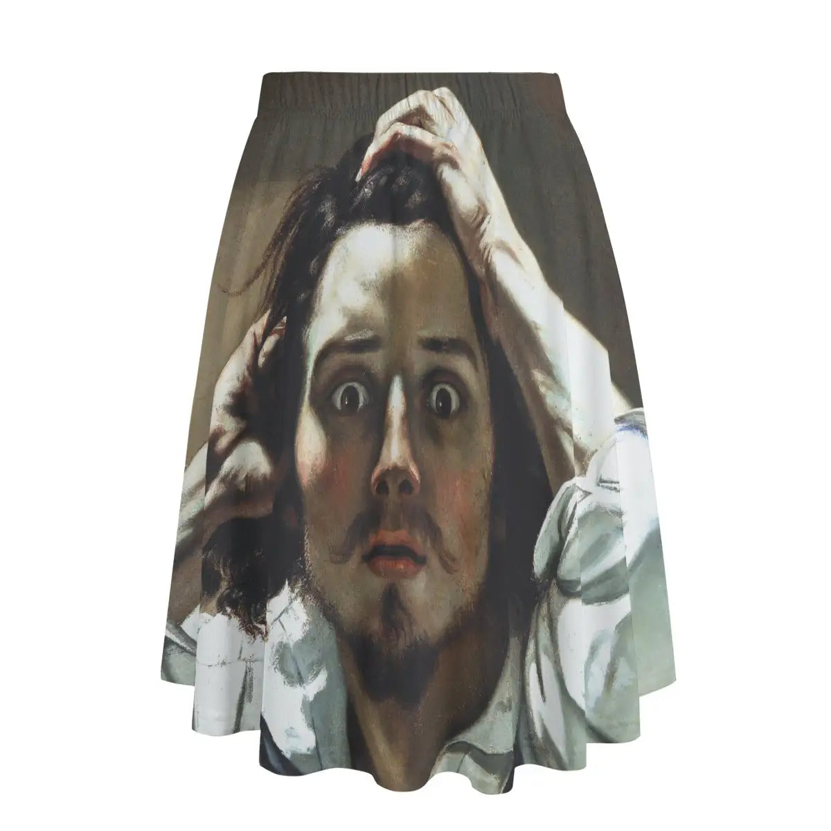 Back view of realist-inspired maxi skirt showing how the psychological portrait wraps partially around the garment