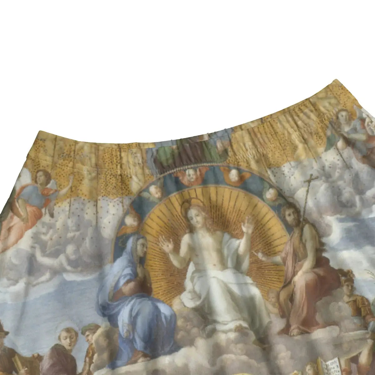 Back view of Vatican-inspired maxi skirt showing how the theological narrative wraps gracefully around the garment