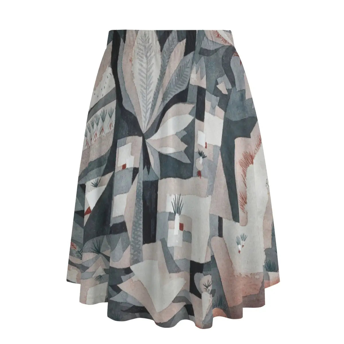 Back view of Bauhaus-inspired maxi skirt showing how the abstract garden composition wraps harmoniously around the garment