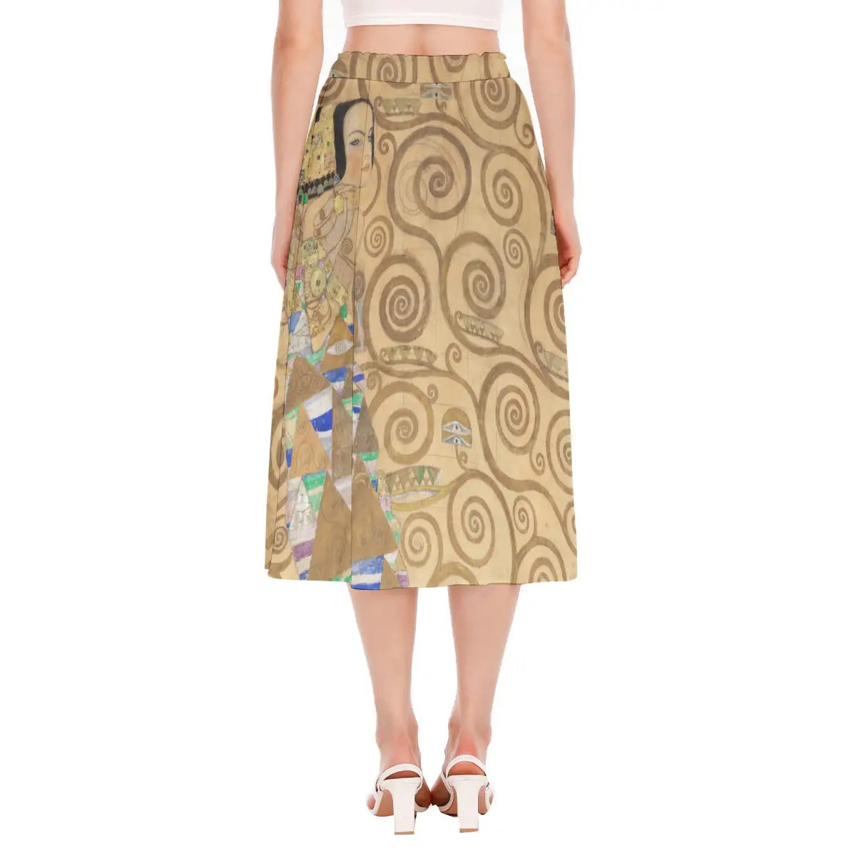 Detail shot of comfortable elastic waistband on Expectation skirt made from recycled polyester, showing the quality construction and smooth transition to the printed fabric.