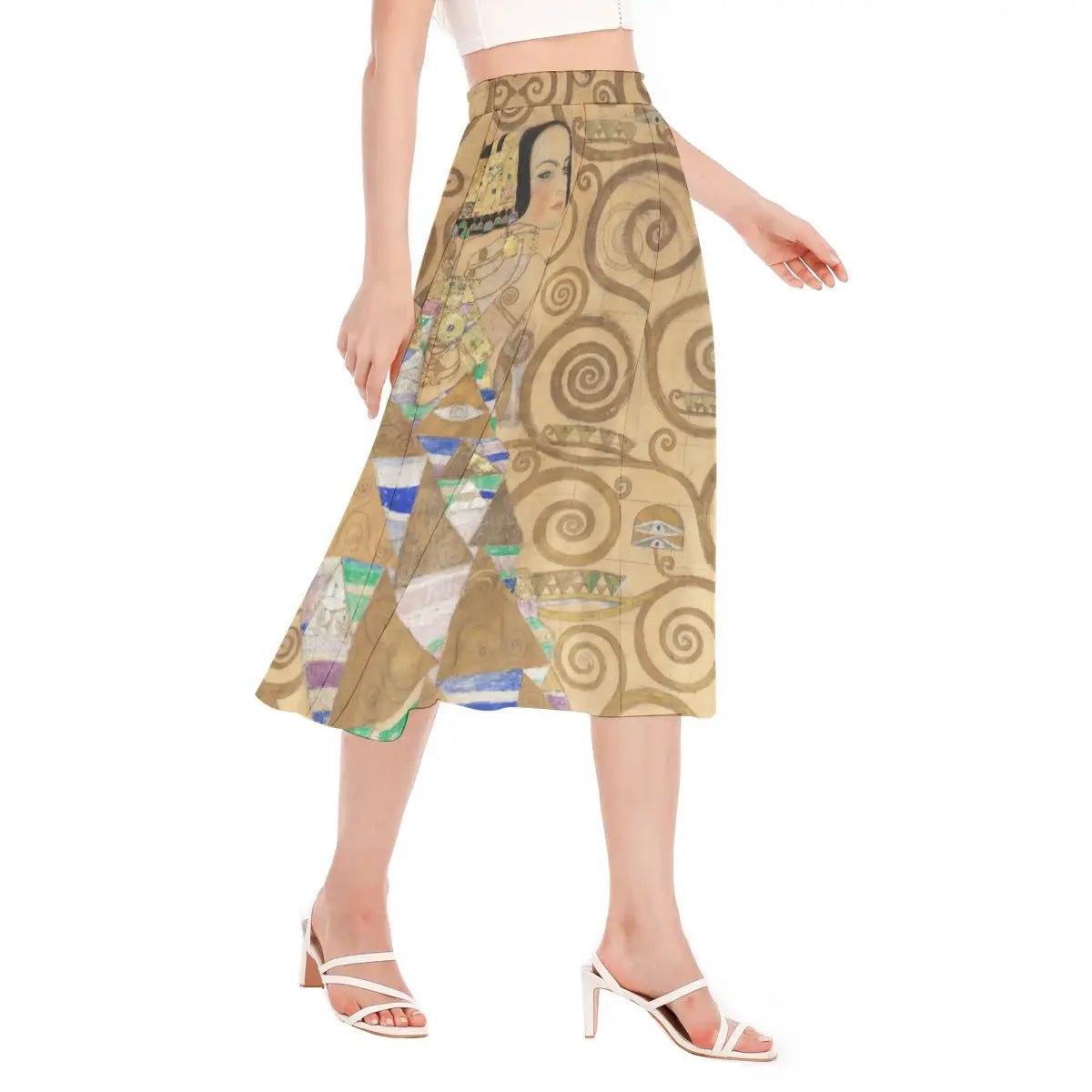 Close-up view of Klimt's Expectation artwork printed on sustainable chiffon fabric showing the detailed rendering of the dancer's profile and the intricate golden ornamental patterns surrounding her.