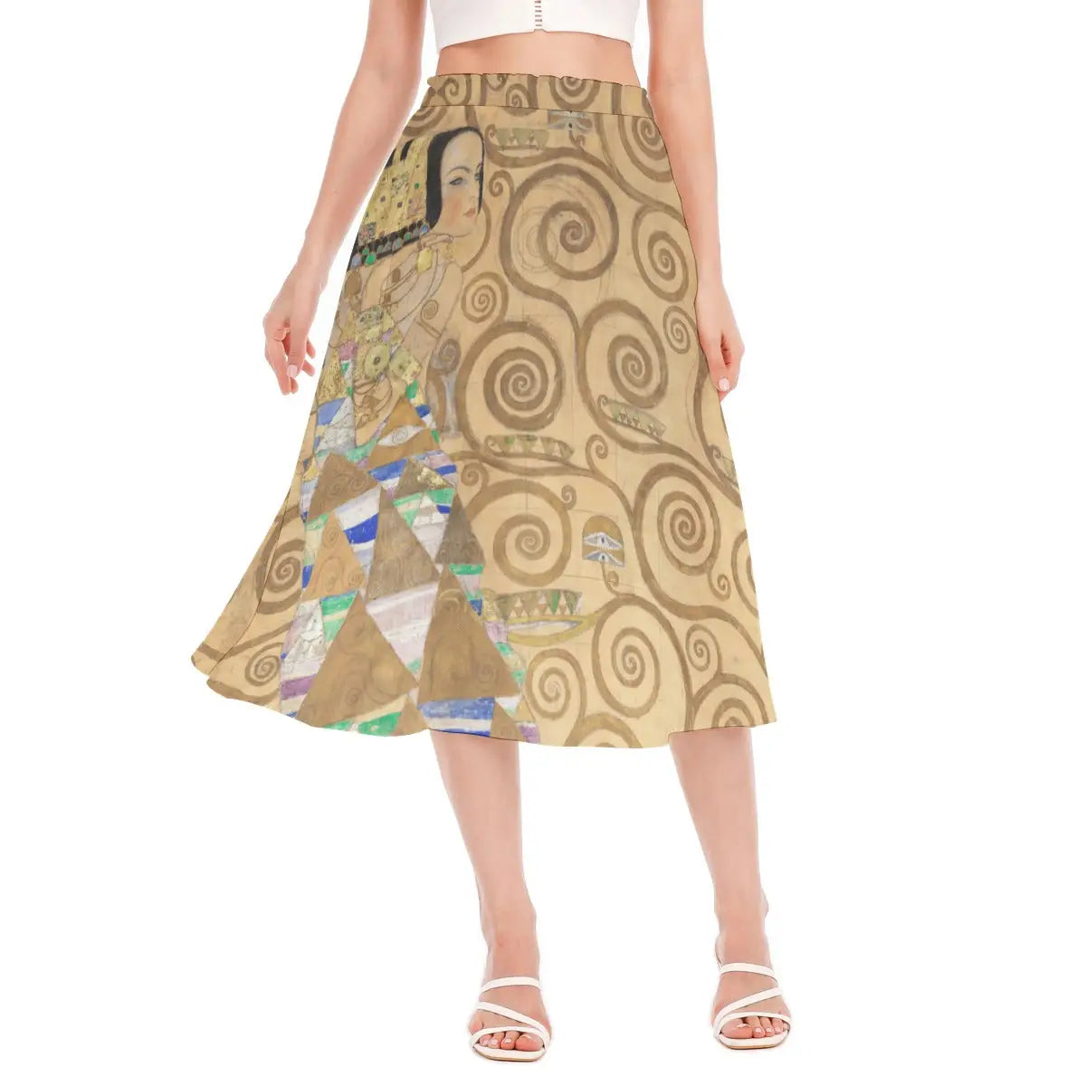 Woman wearing Expectation by Gustav Klimt recycled polyester chiffon skirt with the Egyptian-inspired dancer and golden Tree of Life pattern clearly visible against natural light.