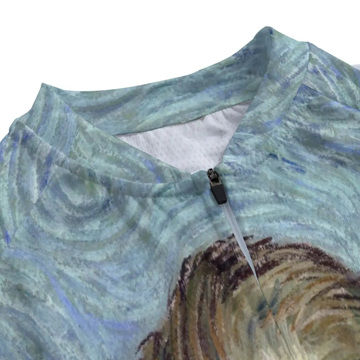 Detailed view of van Gogh's penetrating gaze and swirling background reproduced on women's cycling jersey