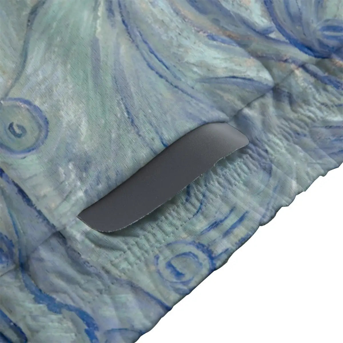 Close-up of secure non-slip rubber hem on Post-Impressionist art cycling jersey maintaining position during intense ride