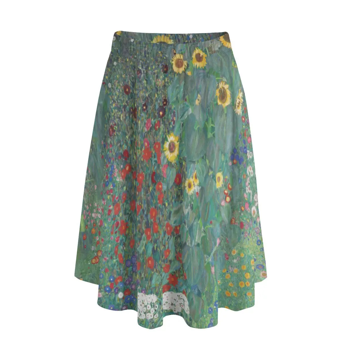 Woman wearing Gustav Klimt's Farm Garden with Sunflowers long maxi skirt showing the vibrant botanical scene against simple sunshine yellow blouse
