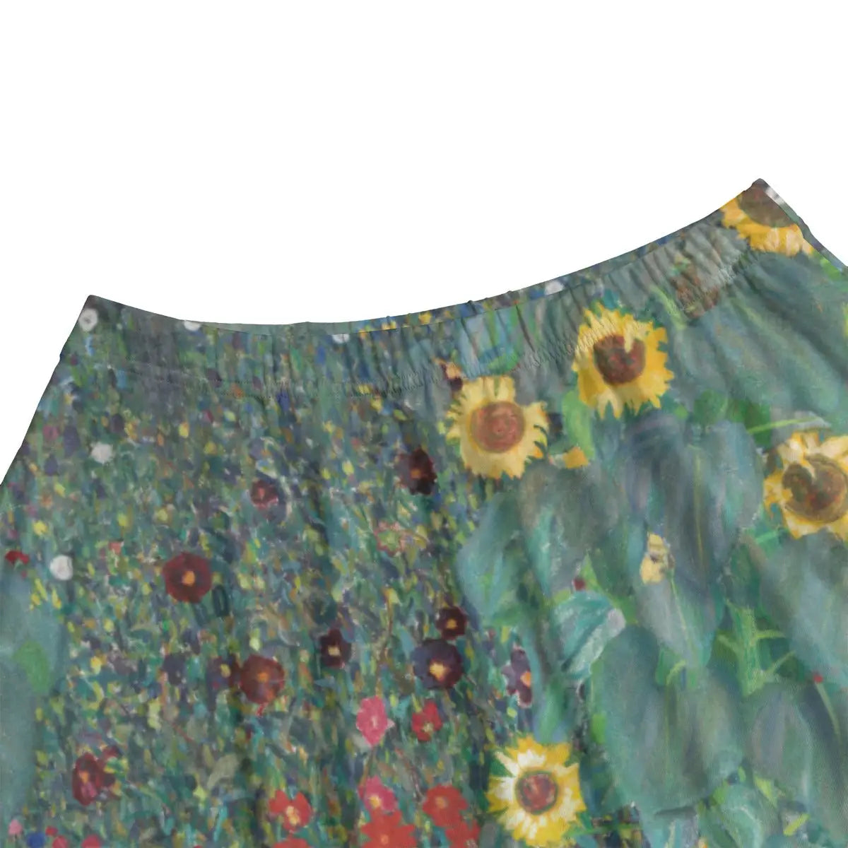Close-up of brilliant sunflowers and scattered garden flowers from Klimt's botanical masterpiece beautifully rendered on premium fabric