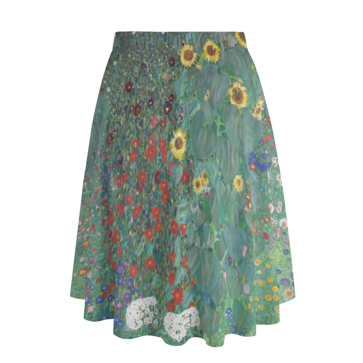 Back view of Austrian countryside-inspired maxi skirt showing how the lush garden wraps naturally around the garment