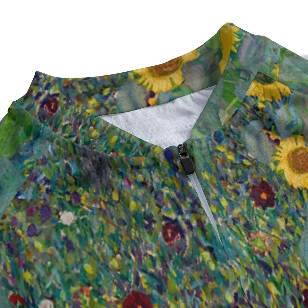 Female cyclist against blue sky surrounded by summer blooms wearing the exuberant Klimt jersey