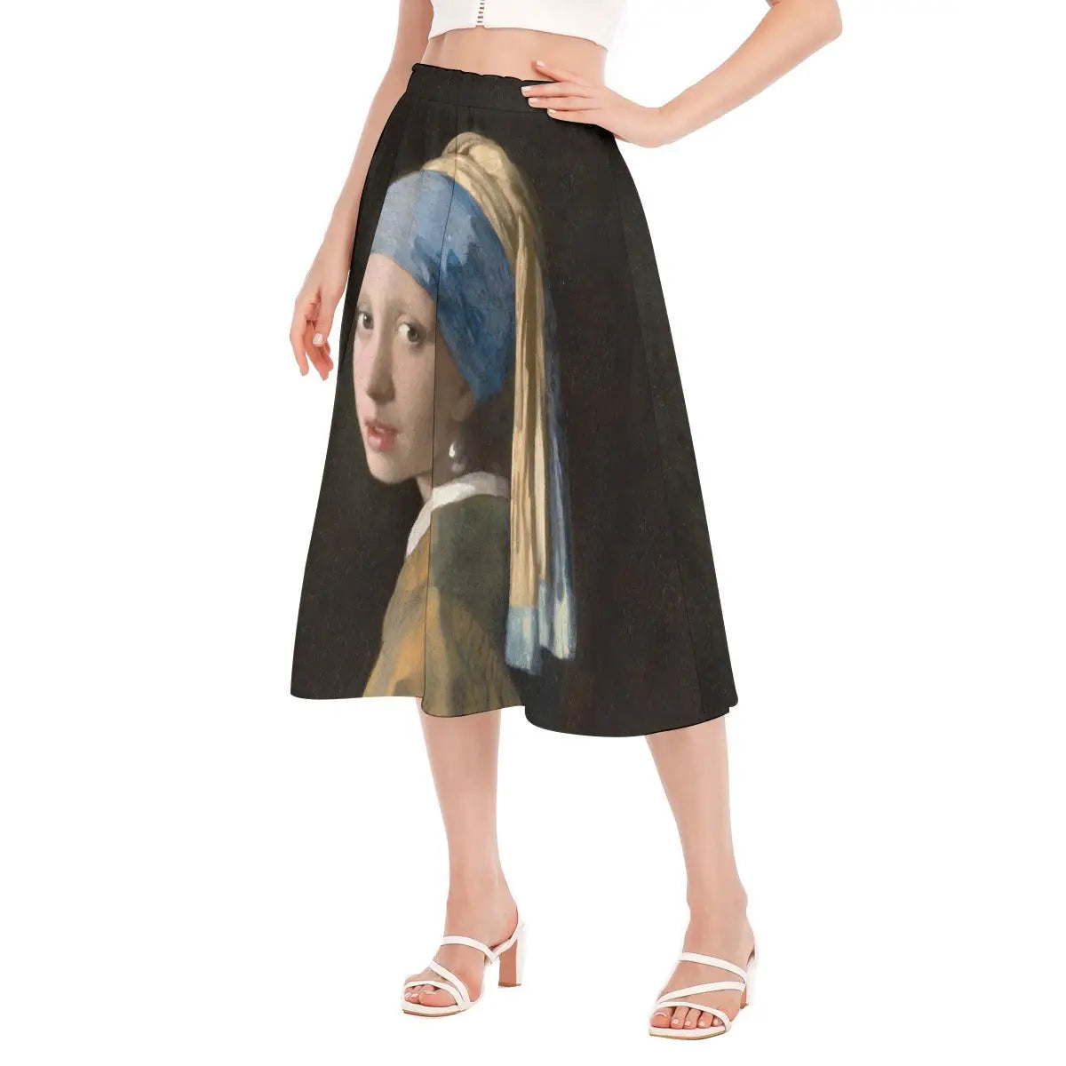 Full-length photo of flowing eco-friendly skirt featuring Vermeer's masterpiece paired with a simple navy top that echoes the painting's dark background.