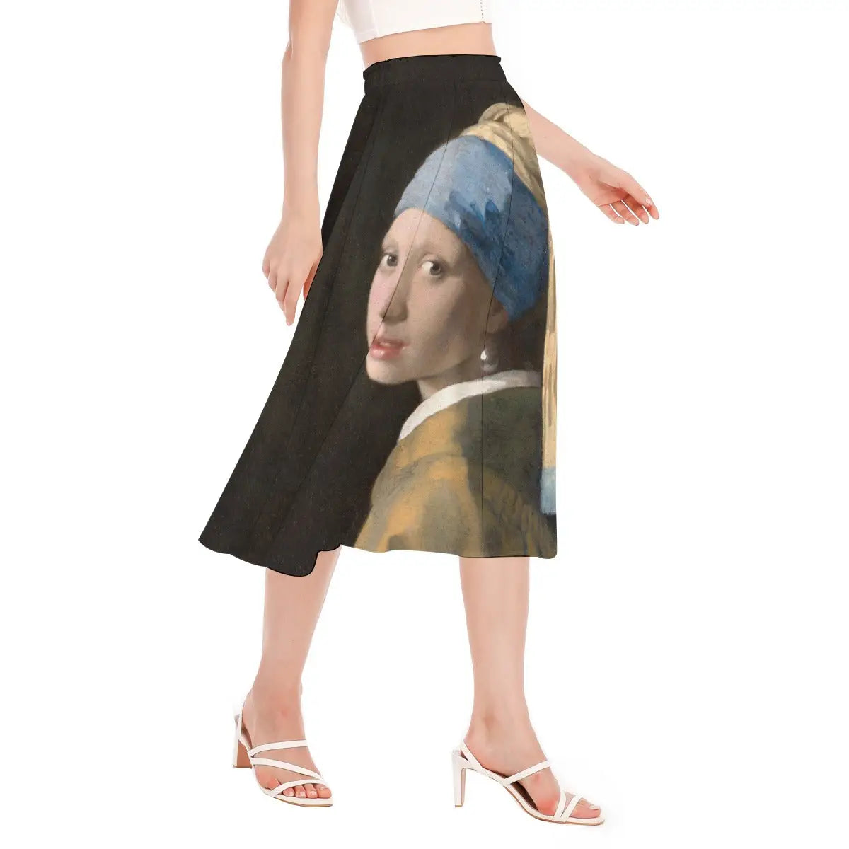Close-up view of Vermeer's Girl with a Pearl Earring artwork printed on sustainable chiffon fabric showing the remarkable detail of her gaze and the luminous pearl.