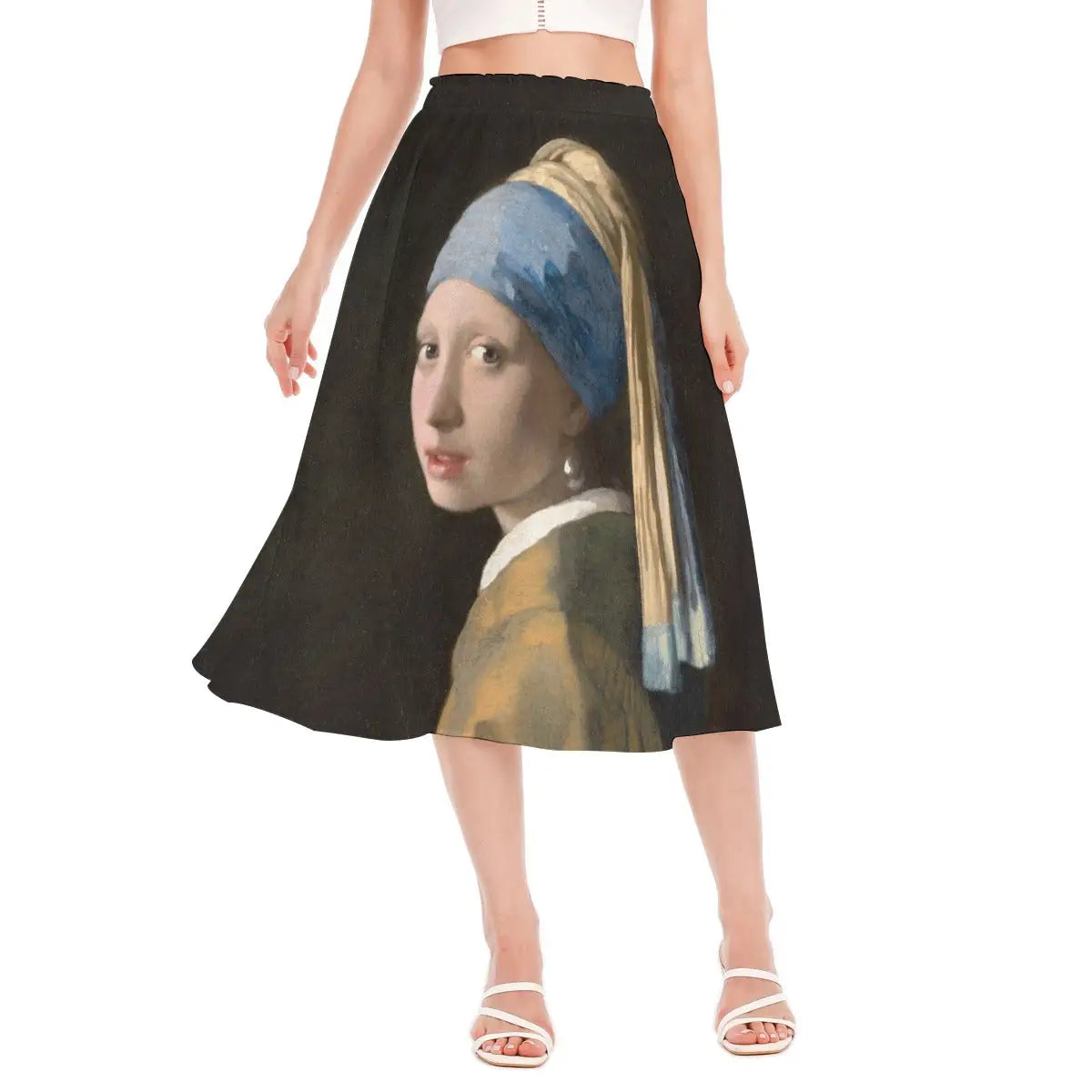 Woman wearing Girl with a Pearl Earring by Vermeer recycled polyester chiffon skirt with the iconic portrait prominently displayed against natural light.