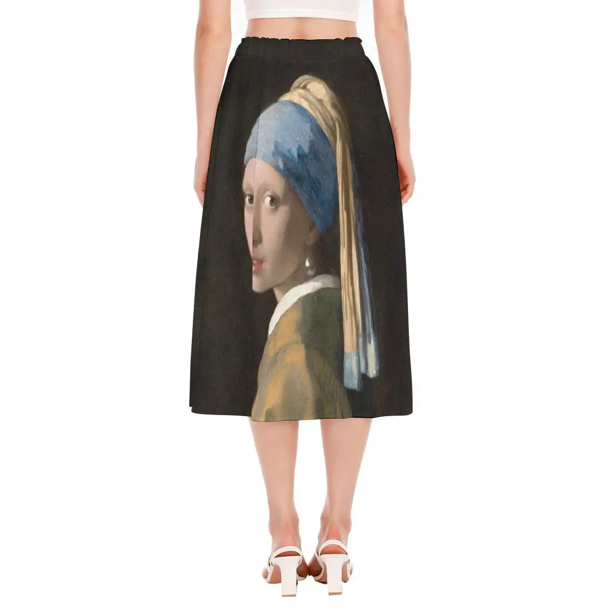 Side view of sustainable art skirt with Vermeer's portrait in motion, demonstrating how the recycled fabric creates gentle movement that enhances the classical artwork.