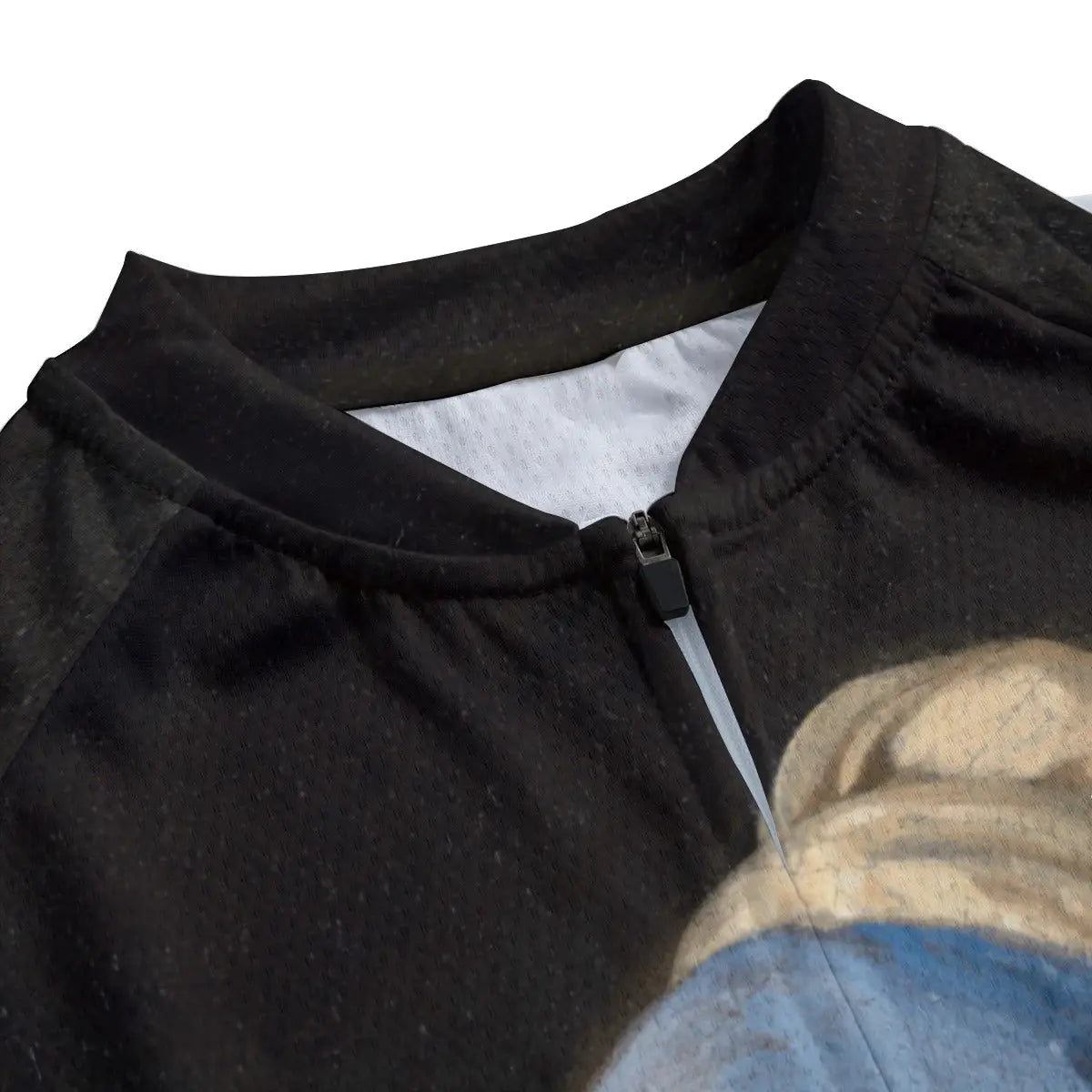 Detailed view of Vermeer's luminous face and pearl earring reproduced on women's cycling jersey
