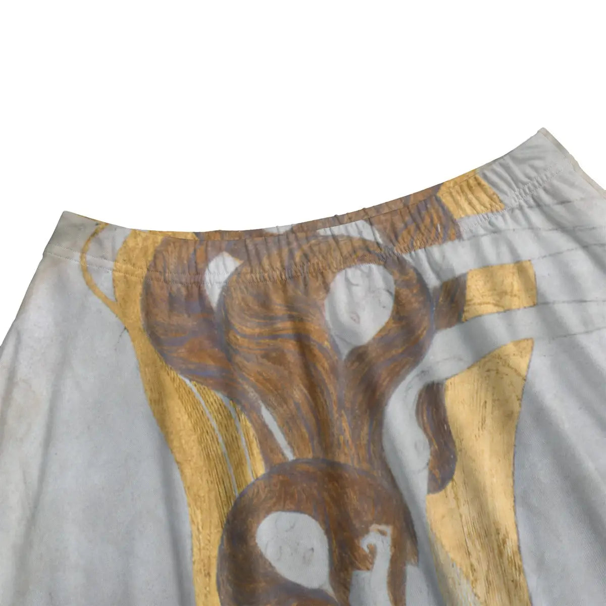 Plus-size model wearing XL Klimt art skirt paired with gold-toned blouse enhancing the metallic accents in the artwork