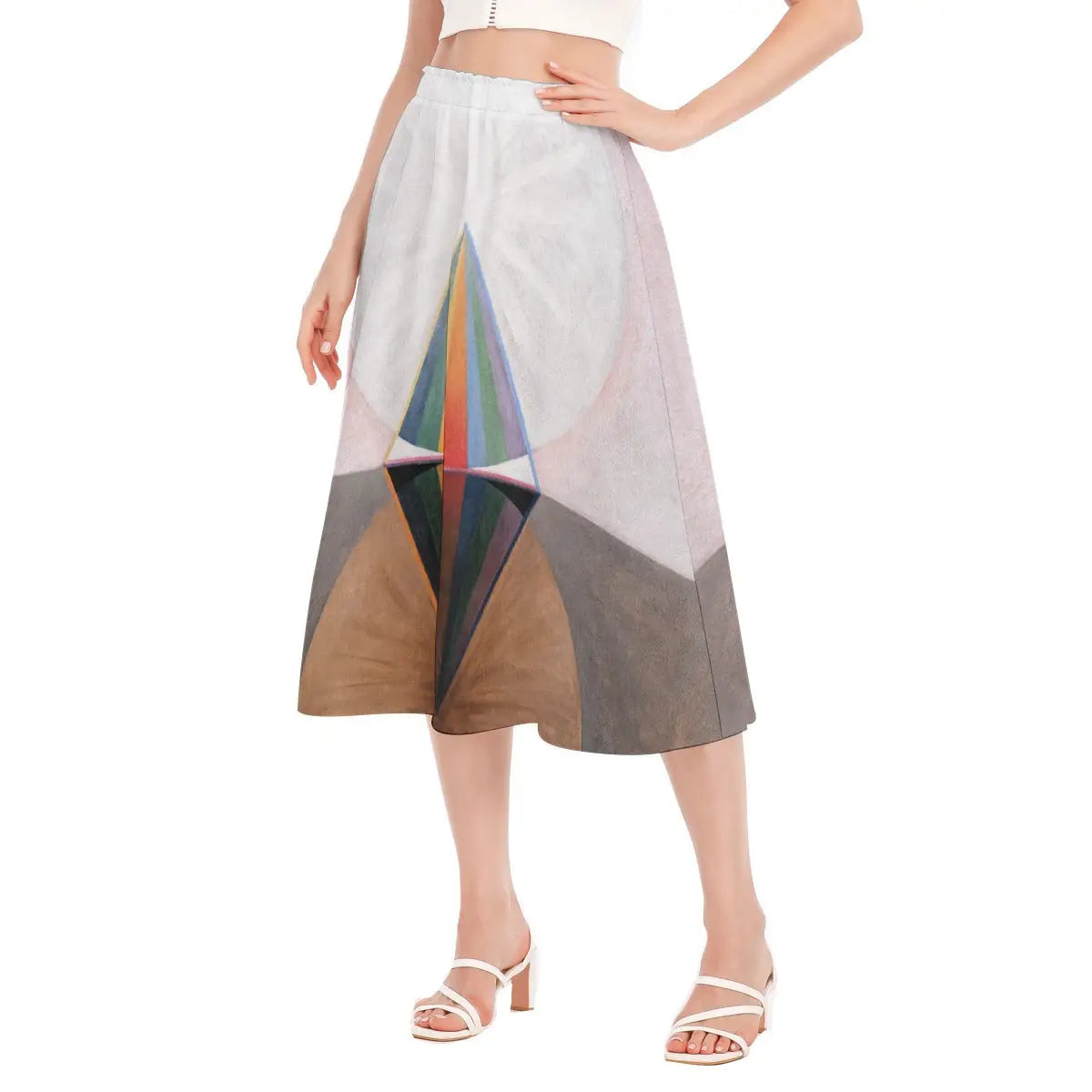 Full-length photo of flowing eco-friendly skirt featuring af Klint's pioneering abstract masterpiece paired with an earth-toned top that complements the painting's subtle color palette.