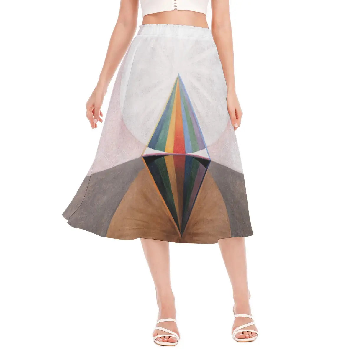 Woman wearing Hilma af Klint Group IX no12 The Swan recycled polyester chiffon skirt with the abstract swan imagery clearly visible against natural light.