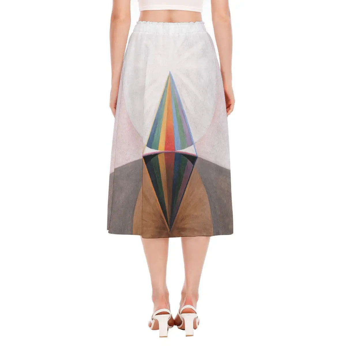 Model wearing the Hilma af Klint art skirt in a gallery setting, connecting sustainable fashion to the spiritual and abstract art context that was decades ahead of its time.