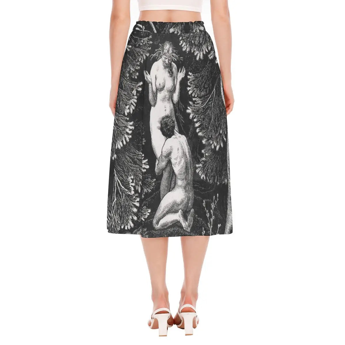 Back view of Max Svabinský Skirt displaying continuous wrap-around pattern that captures the entire symbolist woodcut scene