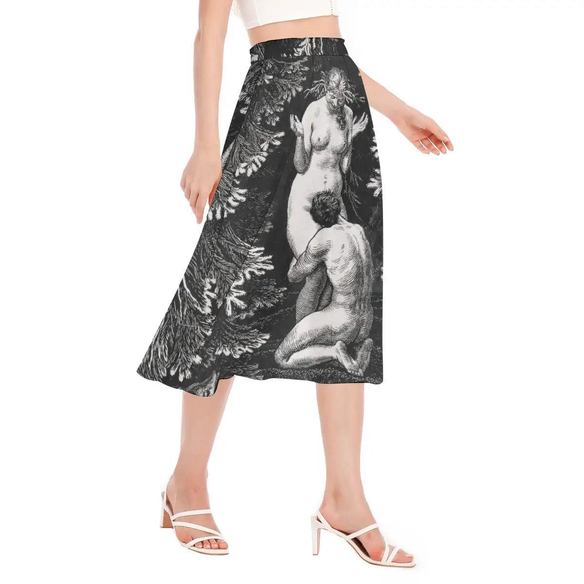 Woman wearing Max Svabinský In Paradise Chiffon Skirt with earth-toned blouse in art gallery setting
