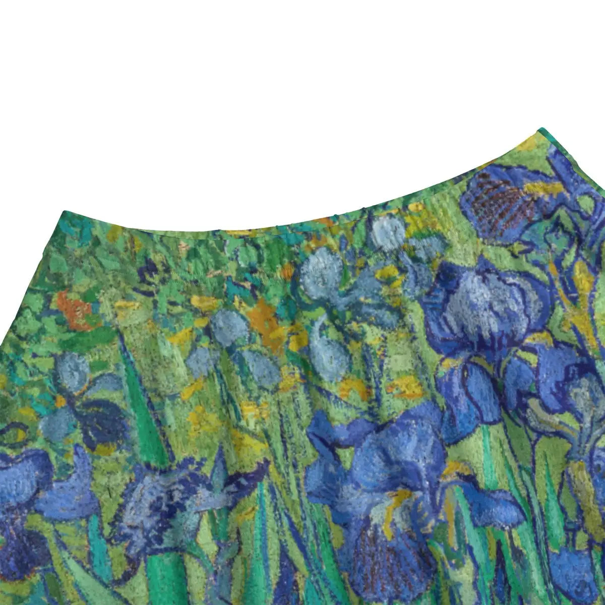 Close-up of detailed iris blooms and green stems from Van Gogh's masterpiece beautifully rendered on premium fabric