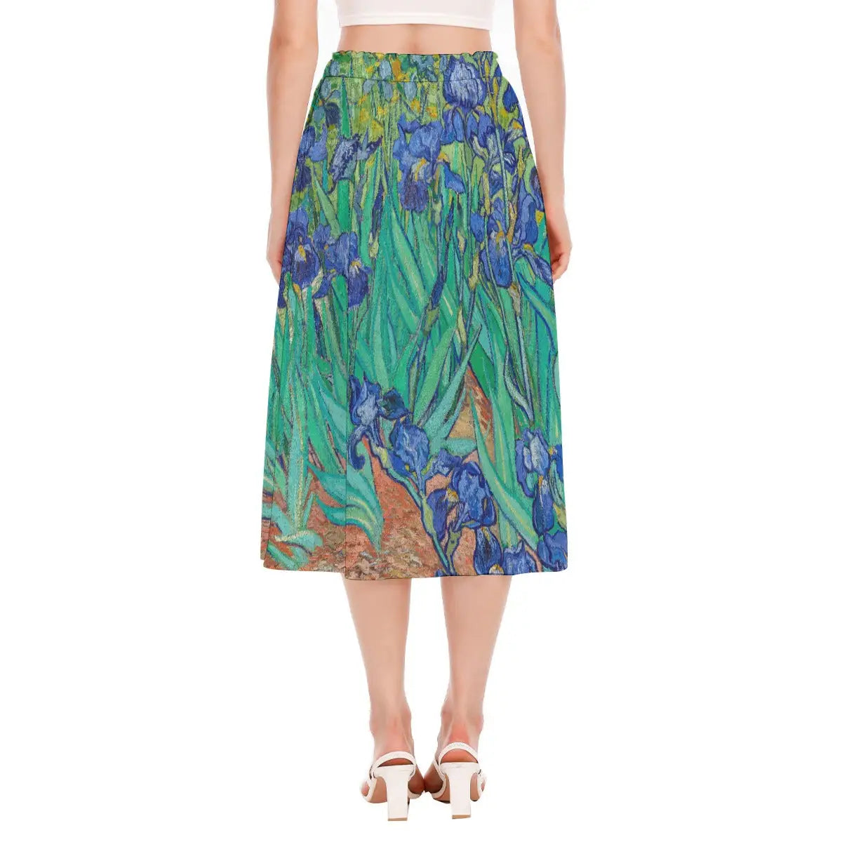 Side view of sustainable art skirt with van Gogh's floral composition in motion, demonstrating how the recycled fabric creates flowing movement that enhances the dynamic brushwork.