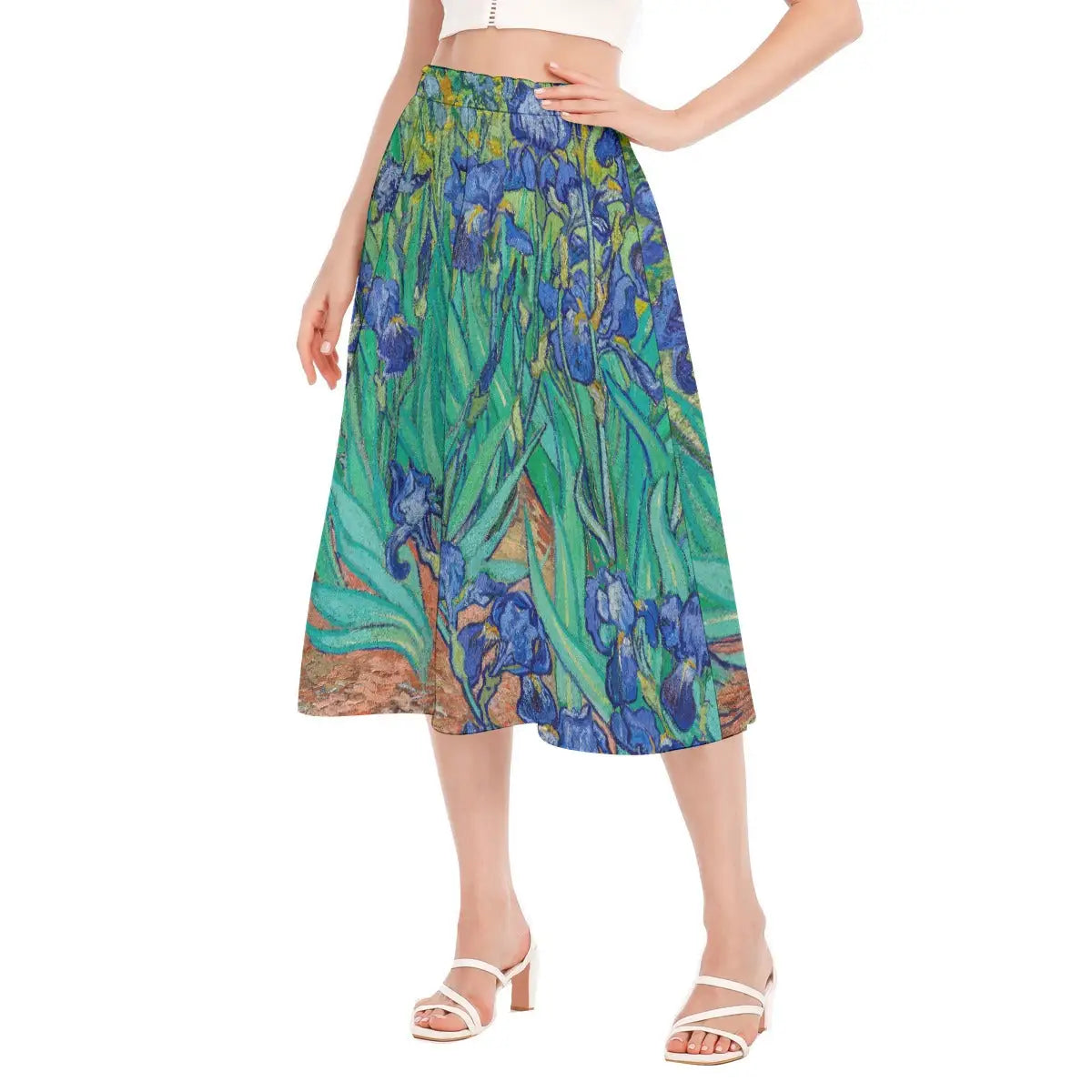 Full-length photo of flowing eco-friendly skirt featuring van Gogh's Post-Impressionist masterpiece paired with a simple blue top that complements the dominant iris colors.
