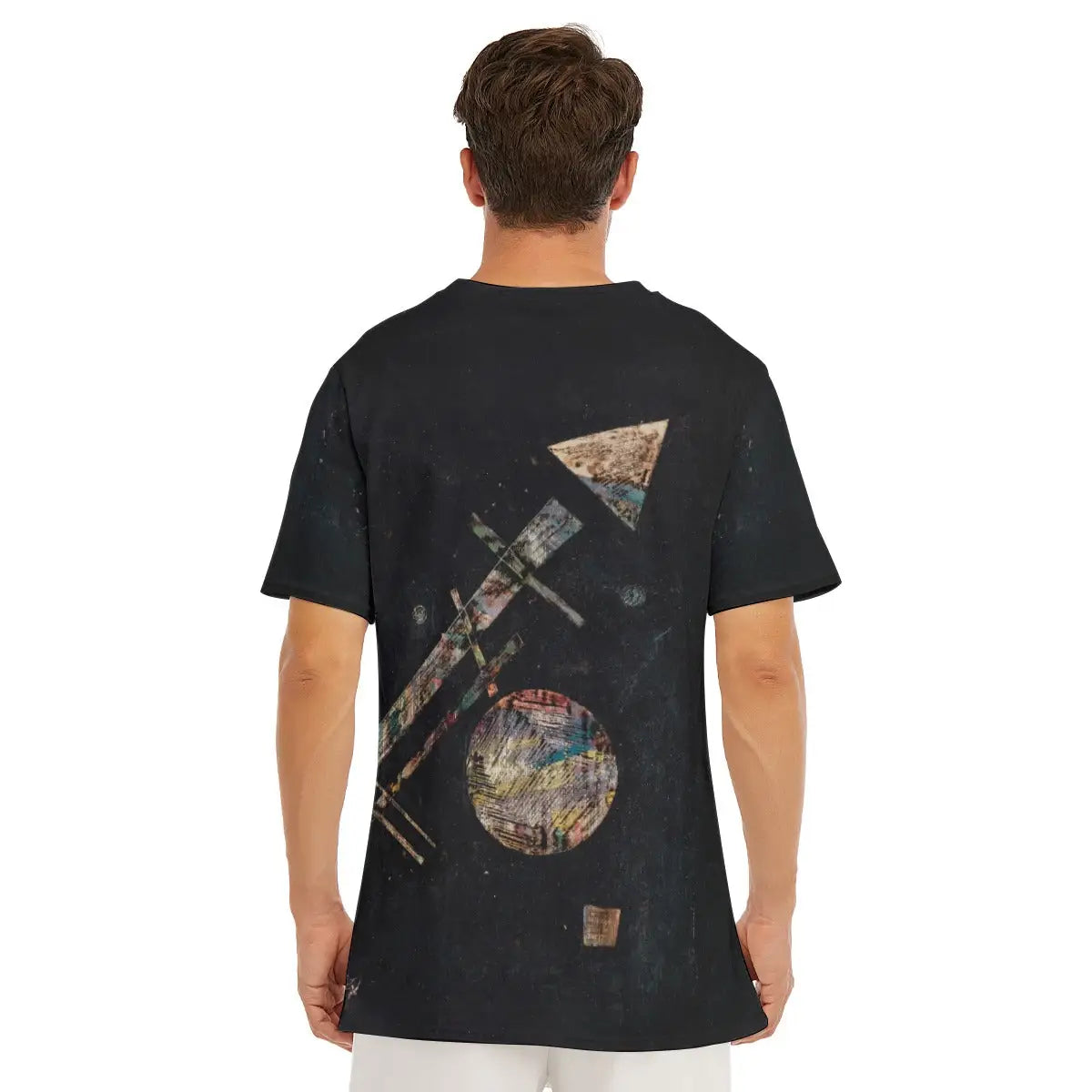 Isolated Sounds by Wassily Kandinsky T-shirt laid flat, displaying the entire woodcut from the "Klänge" series, premium craftsmanship, and natural texture of the 100% cotton fabric that enhances the graphic quality of the reproduced experimental print.