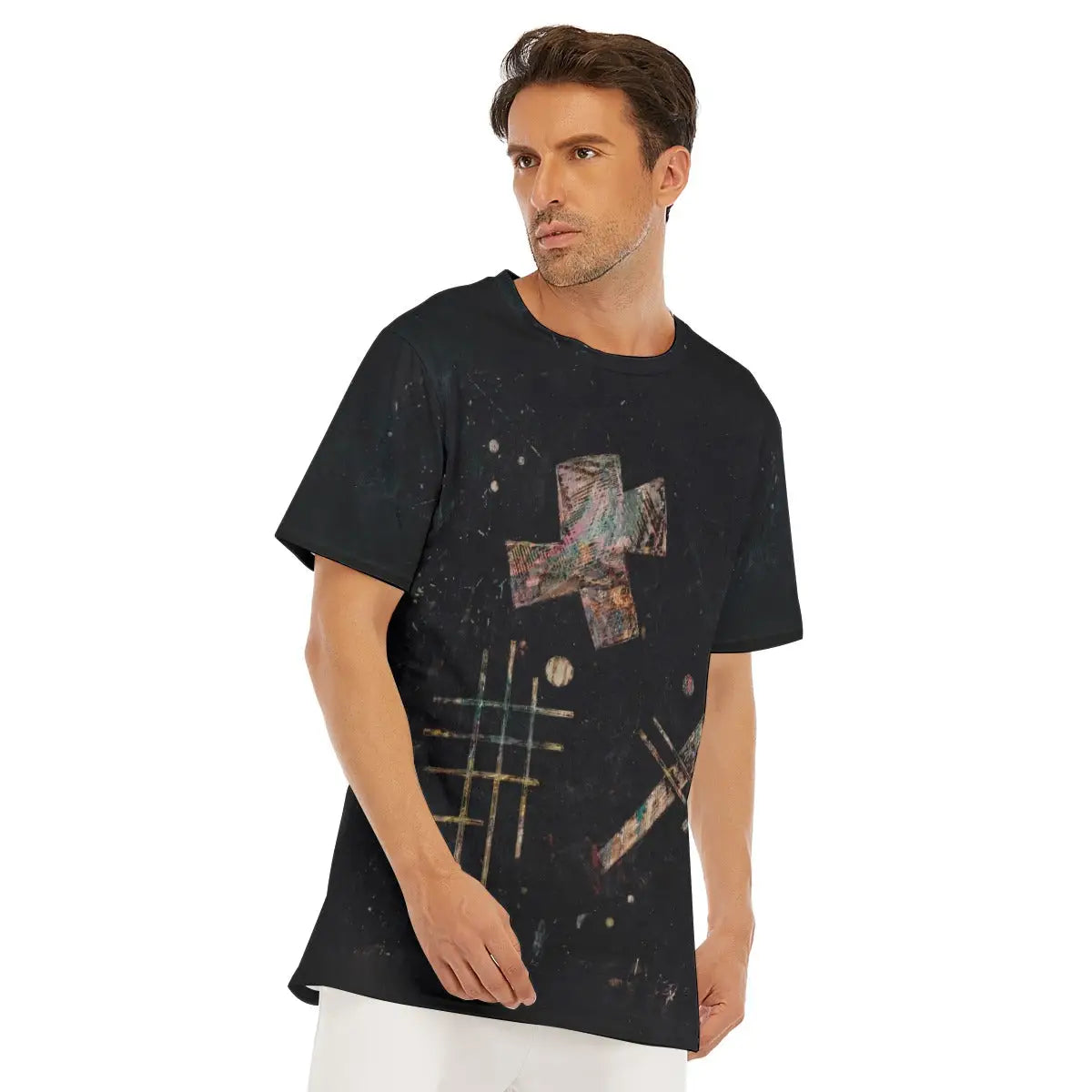 Model wearing the Isolated Sounds by Wassily Kandinsky T-shirt in a gallery or performance space, creating a dialogue between early 20th-century experimental art and contemporary fashion while highlighting the breathability and elegant drape of the natural cotton garment that brings this pioneering artist's synesthetic vision into modern expression.
RetryClaude can make mistakes. Please double-check cited sources.