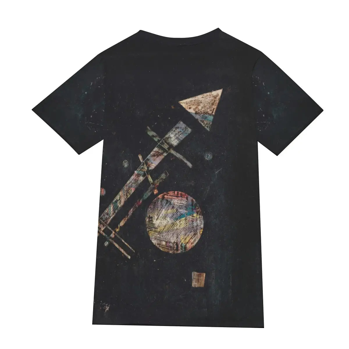 Back view of 190GSM cotton T-shirt showing the continuation of Kandinsky's striking black and white woodcut, demonstrating the seamless 360-degree print quality that captures the full impact of this historical piece from the limited-edition "musical album" that influenced the Dada movement.