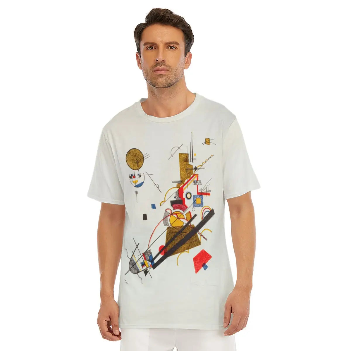 Male model wearing the Joyful Ascension by Wassily Kandinsky All-Over Print T-shirt showcasing the dynamic geometric forms and uplifting composition of this influential 1923 Bauhaus abstract masterpiece.