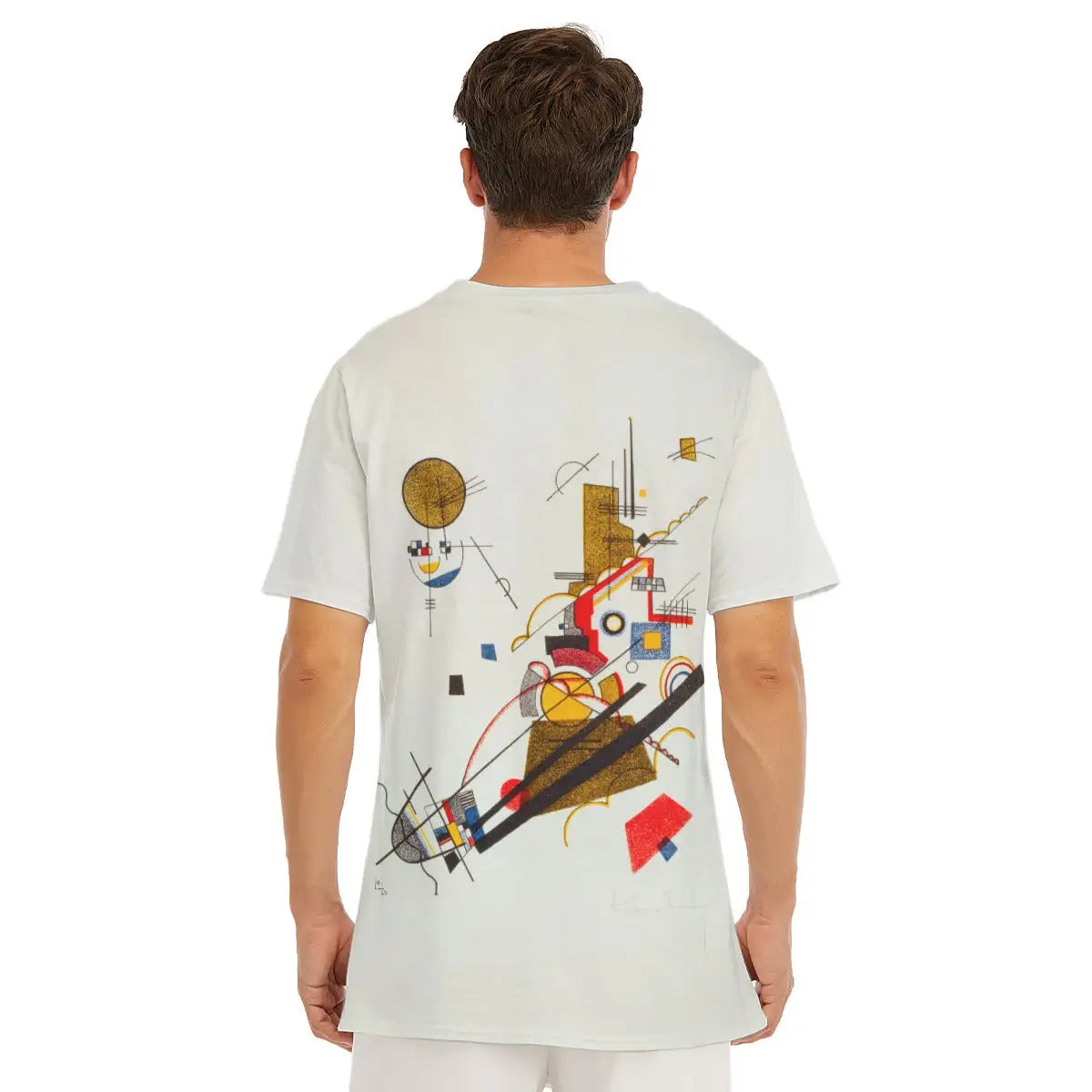 Joyful Ascension by Wassily Kandinsky T-shirt laid flat, displaying the entire Bauhaus masterpiece, premium craftsmanship, and natural texture of the 100% cotton fabric that enhances the spiritual quality of the reproduced abstract lithograph.