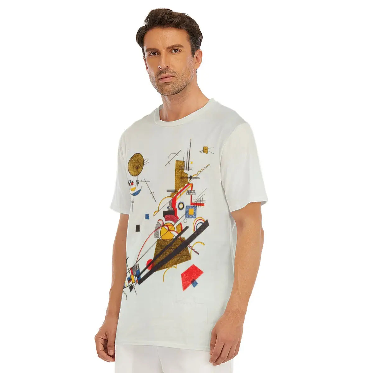 Model wearing the Joyful Ascension by Wassily Kandinsky T-shirt in a museum or gallery setting, creating a dialogue between early modernist abstraction and contemporary fashion while highlighting the breathability and elegant drape of the natural cotton garment that brings this revolutionary artist's spiritual vision into modern expression.