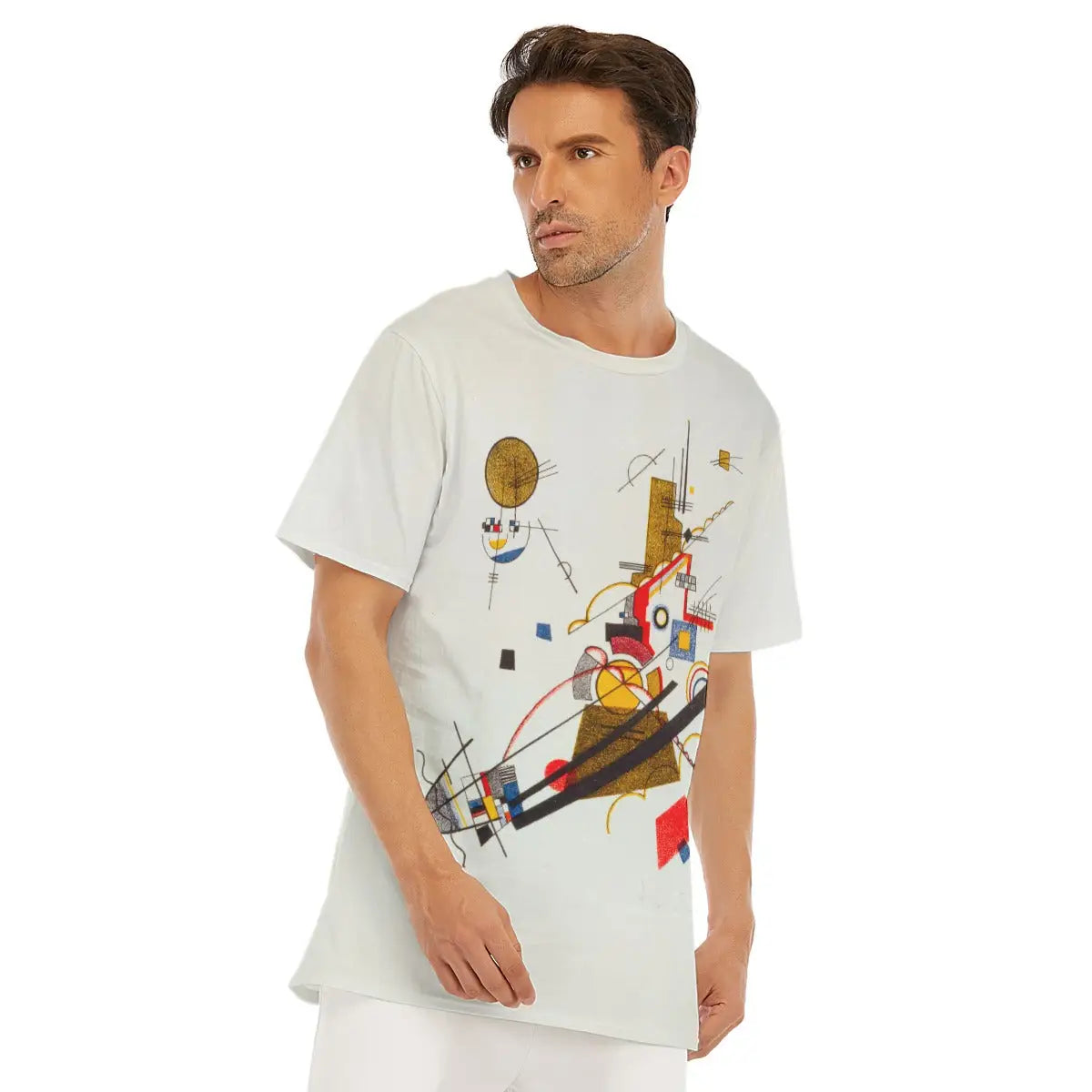 Close-up shot of the sleeve featuring detailed sections of geometric shapes and linear elements from Kandinsky's composition, showcasing his revolutionary approach to creating visual music through abstract forms on comfortable breathable material.