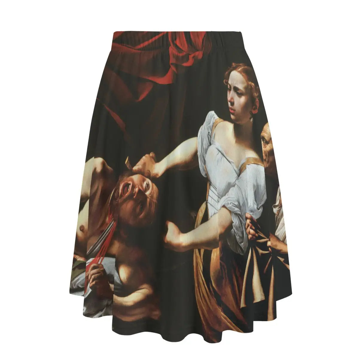 Back view of Italian Baroque-inspired maxi skirt showing how the intense narrative wraps powerfully around the garment