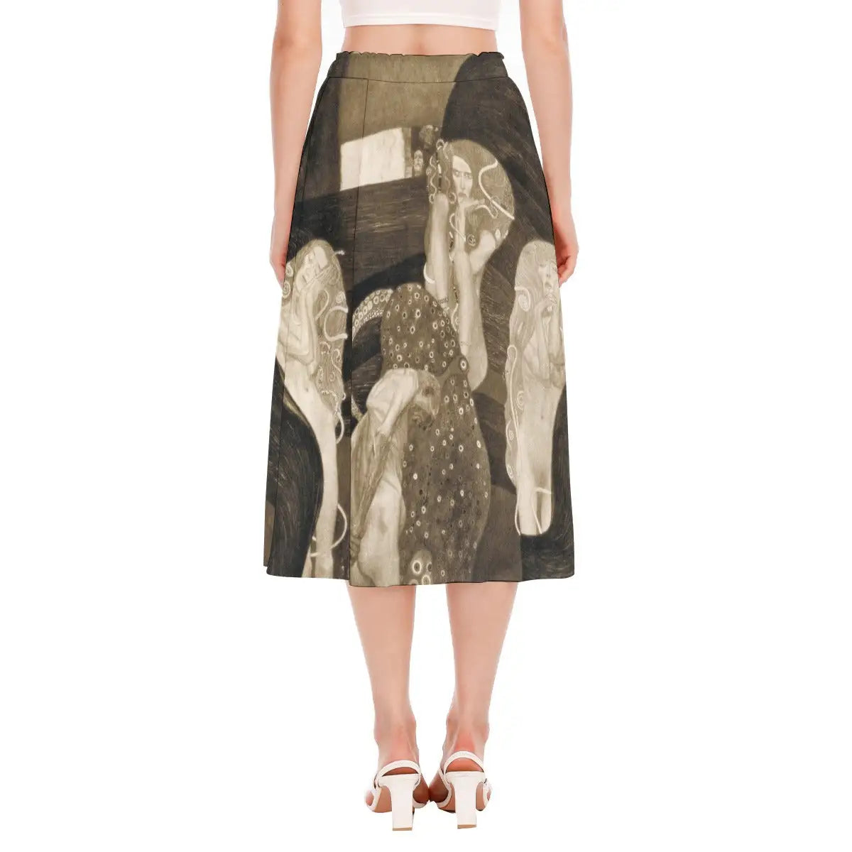 Back view of eco-conscious artistic skirt featuring Klimt's provocative allegory showing how the design wraps around the garment creating a continuous narrative of punishment and judgment.