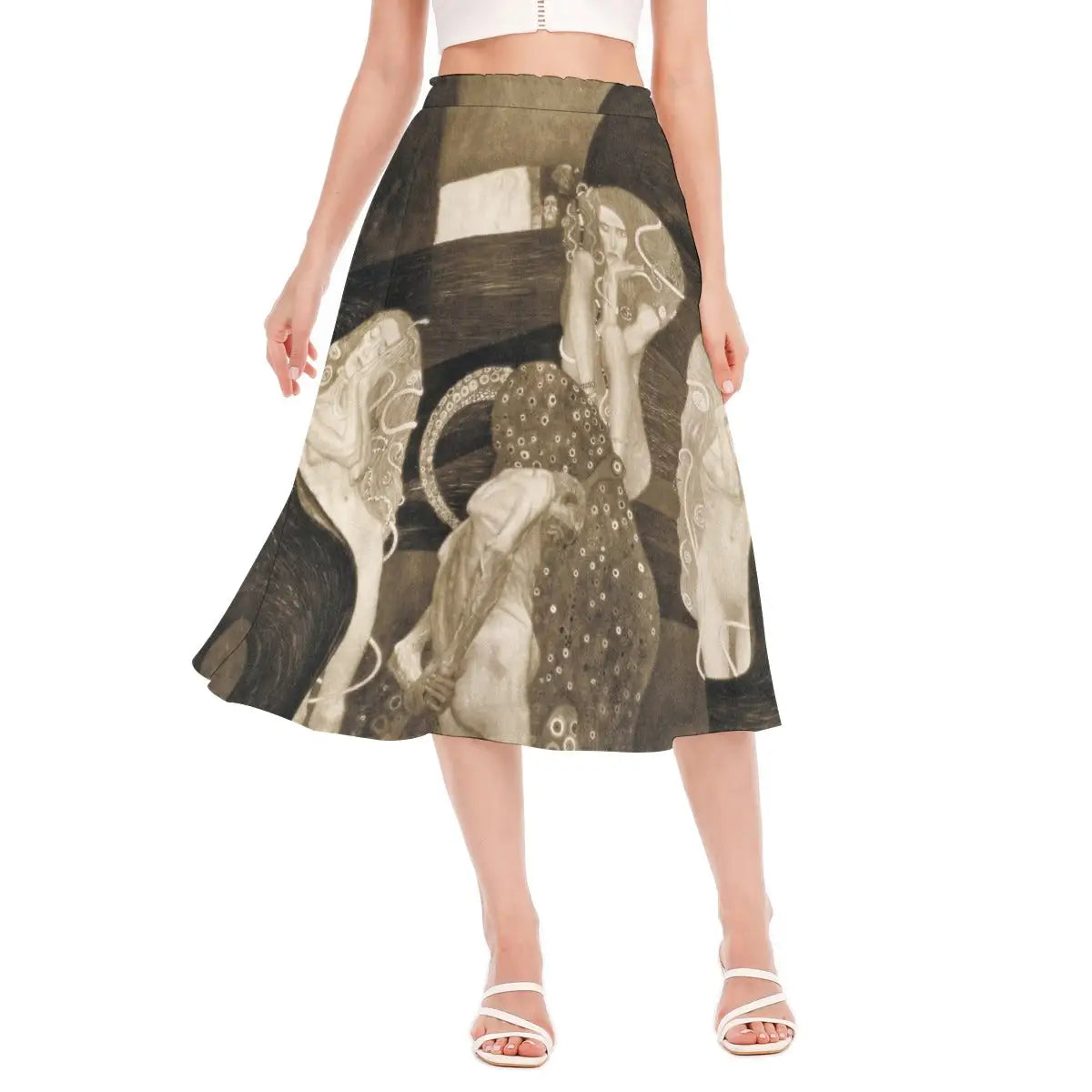 Woman wearing Jurisprudence by Gustav Klimt recycled polyester chiffon skirt with the controversial lost masterpiece clearly visible against natural light.