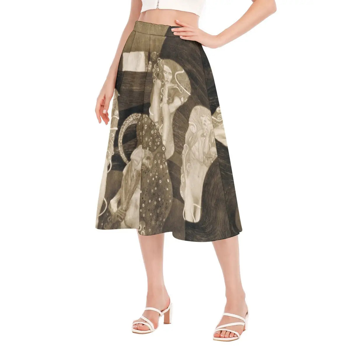 Full-length photo of flowing eco-friendly skirt featuring Klimt's lost Faculty Painting paired with a simple black top that highlights the dramatic symbolic imagery.