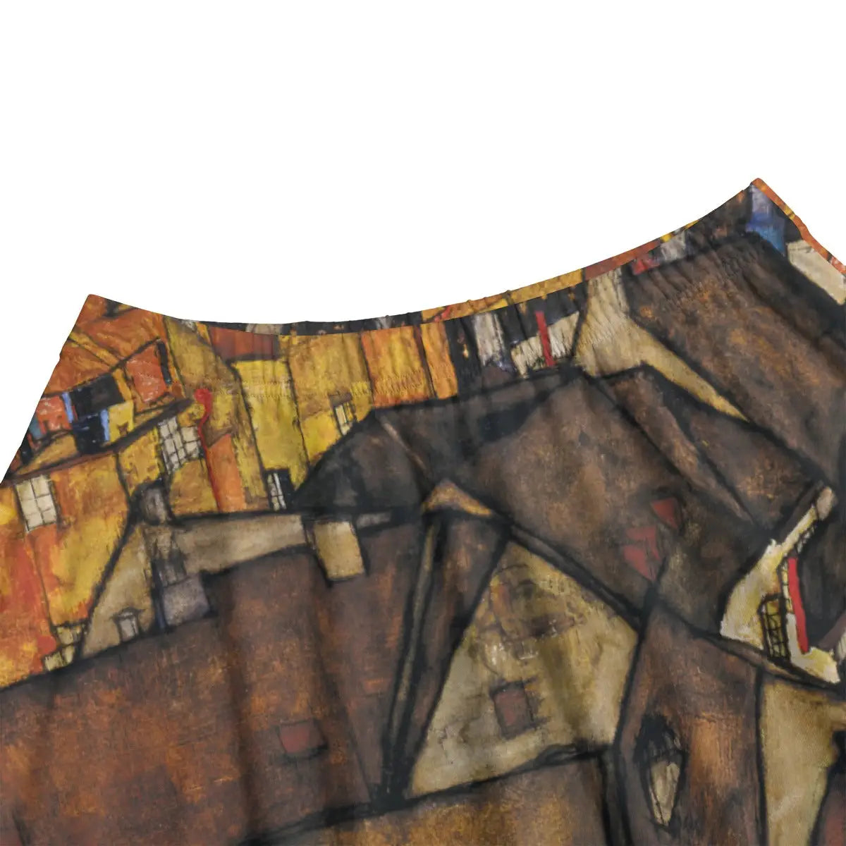 Close-up of compressed perspective and stacked house details from Schiele's expressionist cityscape beautifully rendered on premium fabric