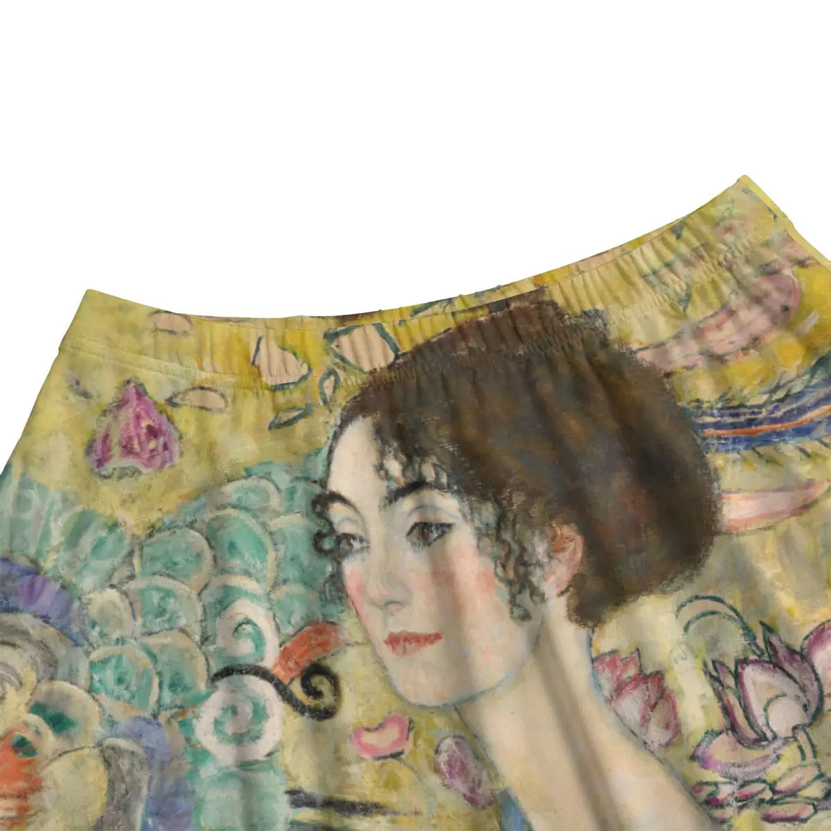 Close-up of decorative kimono-like garment and fan details from Klimt's mysterious masterpiece beautifully rendered on premium fabric