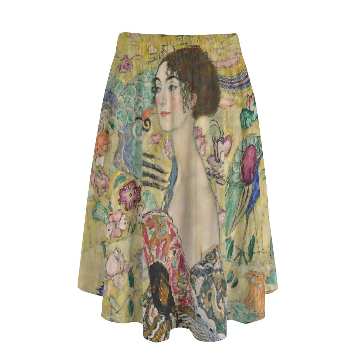 Woman wearing Gustav Klimt's Lady with a Fan long maxi skirt showing the exotic patterned portrait against simple black blouse