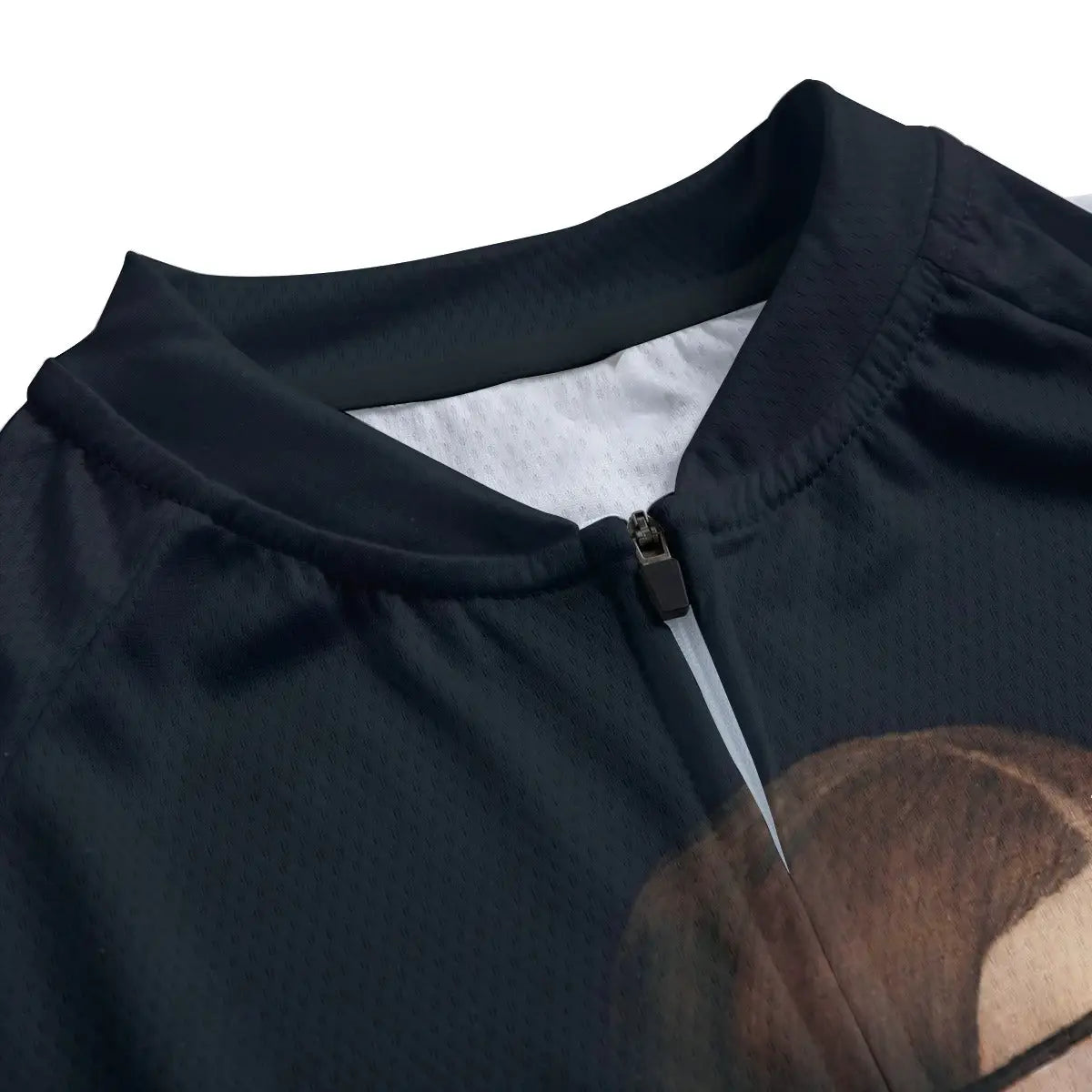 Detailed view of Leonardo's noble portrait with white ermine reproduced on women's cycling jersey
