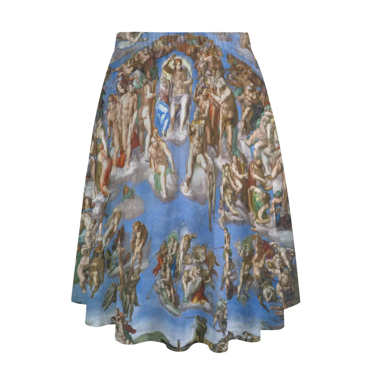 Back view of Sistine-inspired maxi skirt showing how the sacred narrative wraps completely around the garment