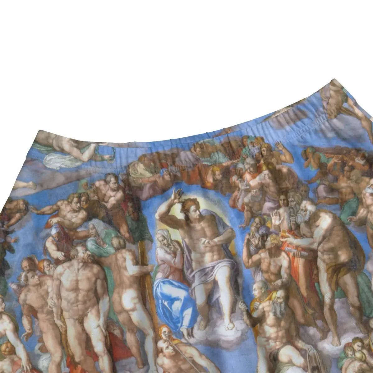 Plus-size model wearing XL Michelangelo art skirt paired with celestial blue blouse enhancing the fresco's dominant colors