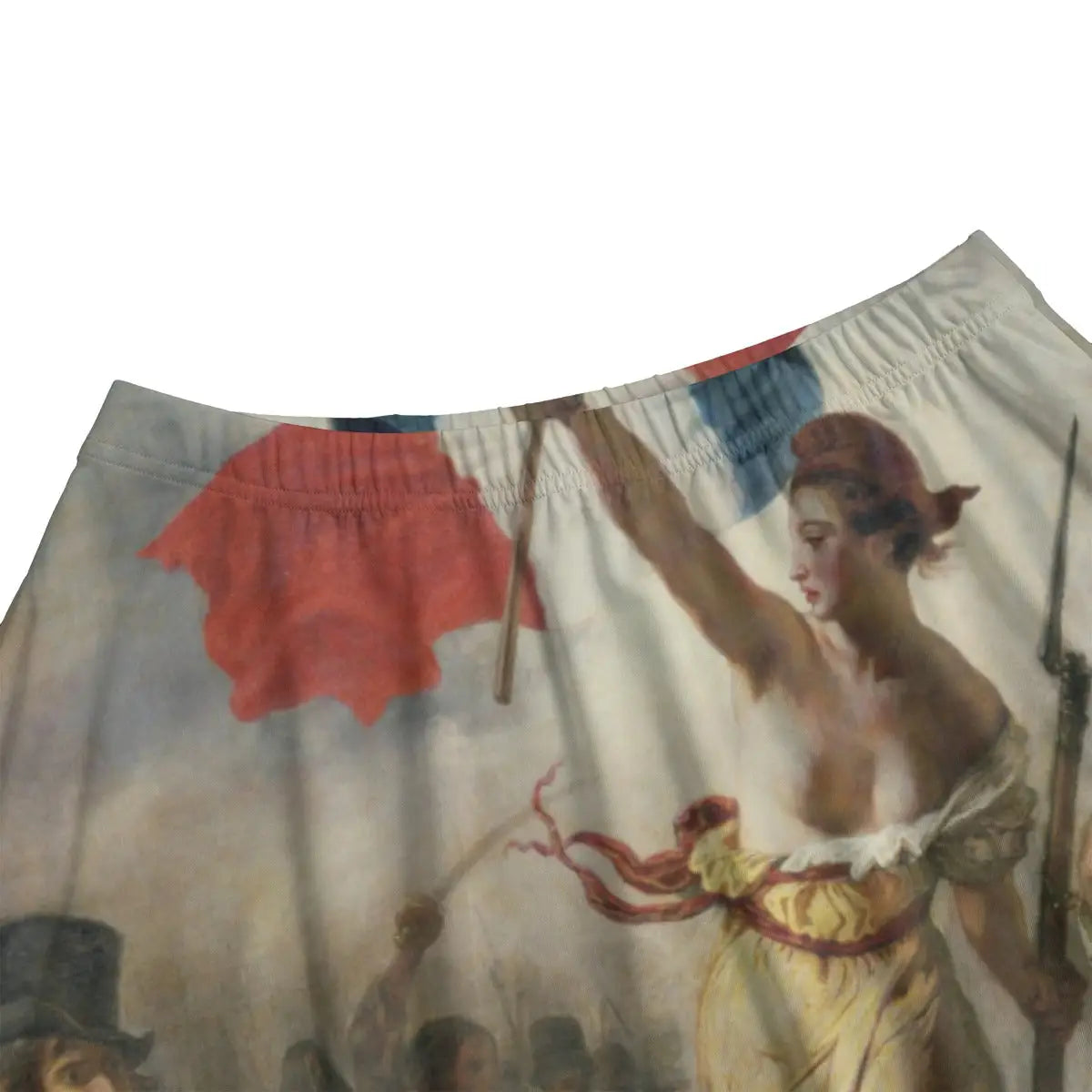 Close-up of Marianne leading citizens and French flag details from Delacroix's political masterpiece beautifully rendered on premium fabric
