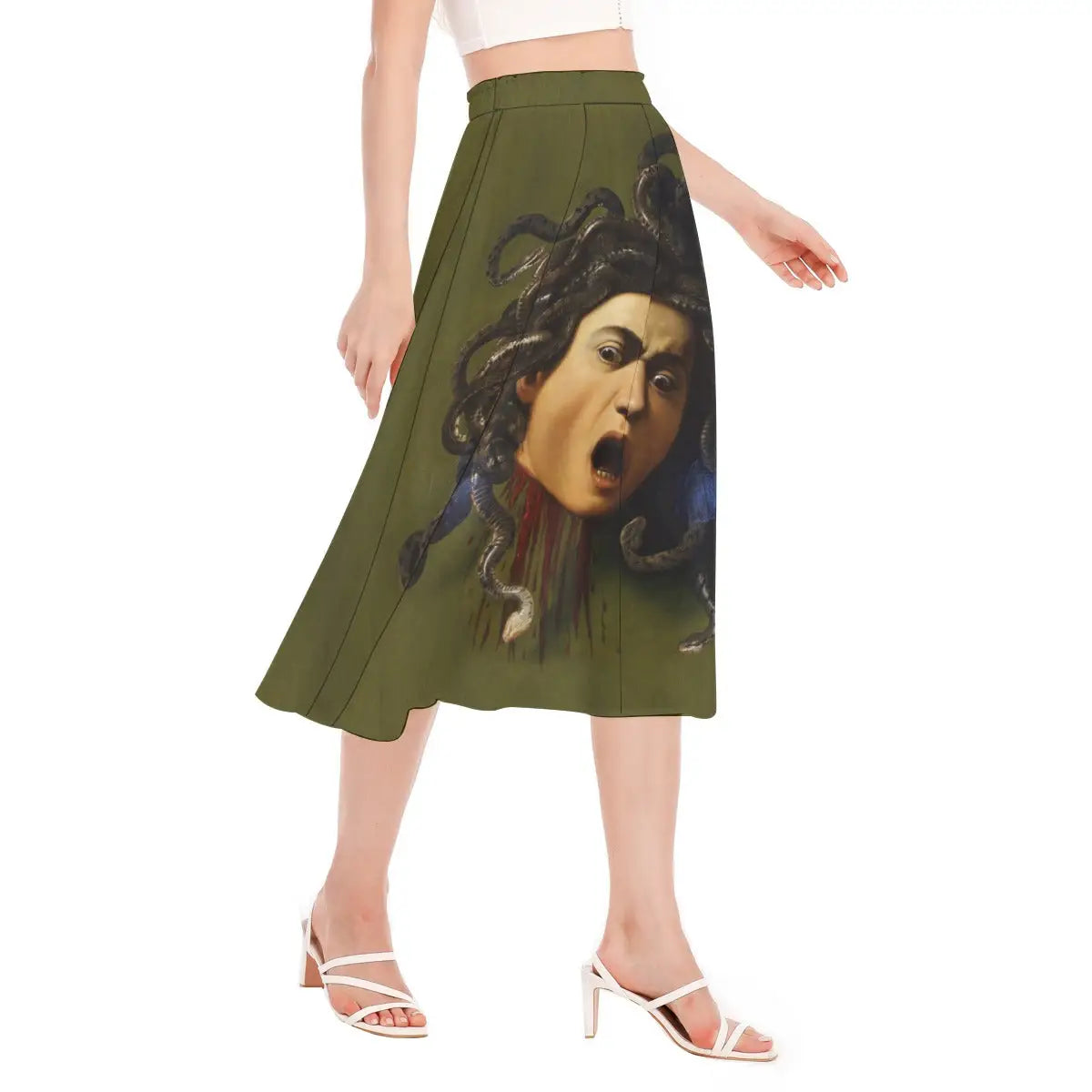 Woman wearing Caravaggio Medusa Chiffon Skirt with black blouse in art museum setting