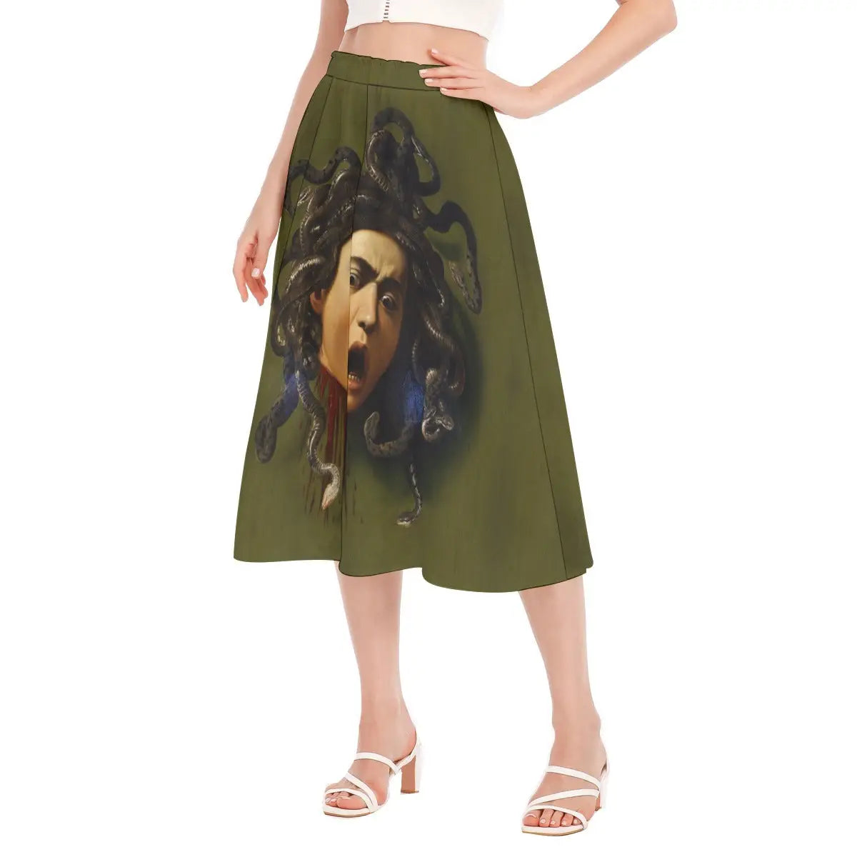Medusa Skirt styled with gold classical-inspired jewelry and simple black top for elegant gallery exhibition opening event