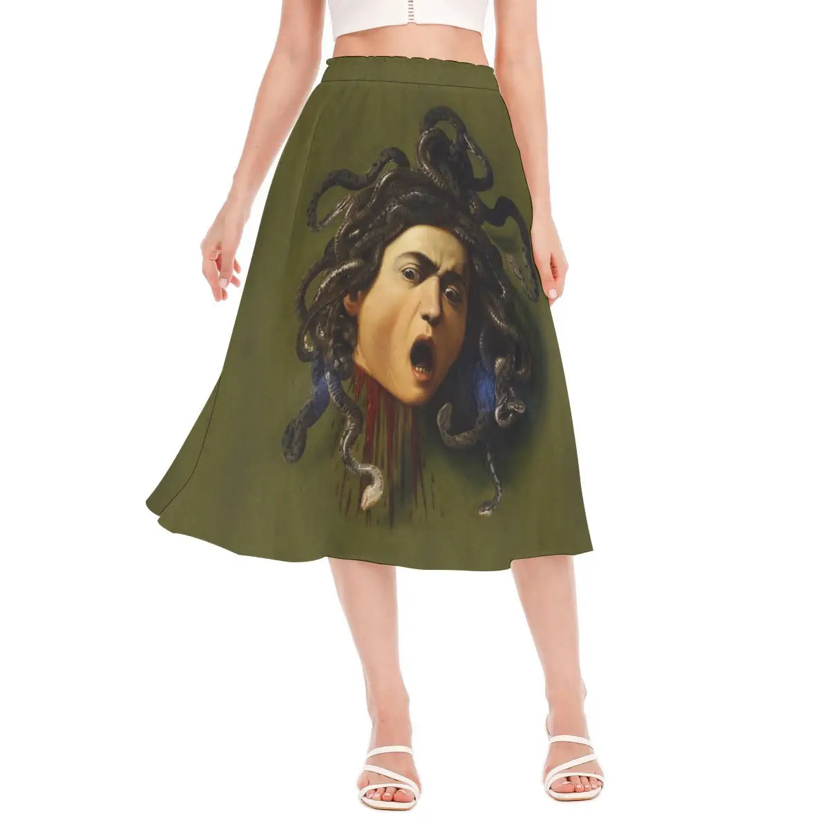 Medusa by Caravaggio Chiffon Skirt front view showing the dramatic face of Medusa caught in her final moment with snakes for hair
