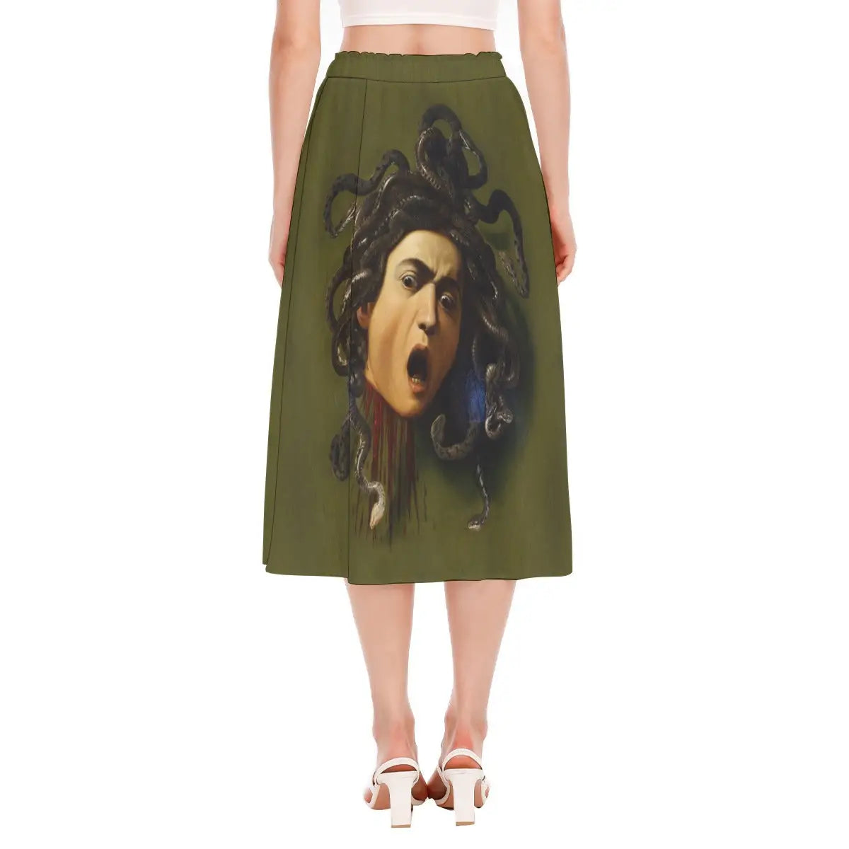 Back view of Caravaggio Skirt displaying continuous wrap-around pattern that captures the entire mythological scene