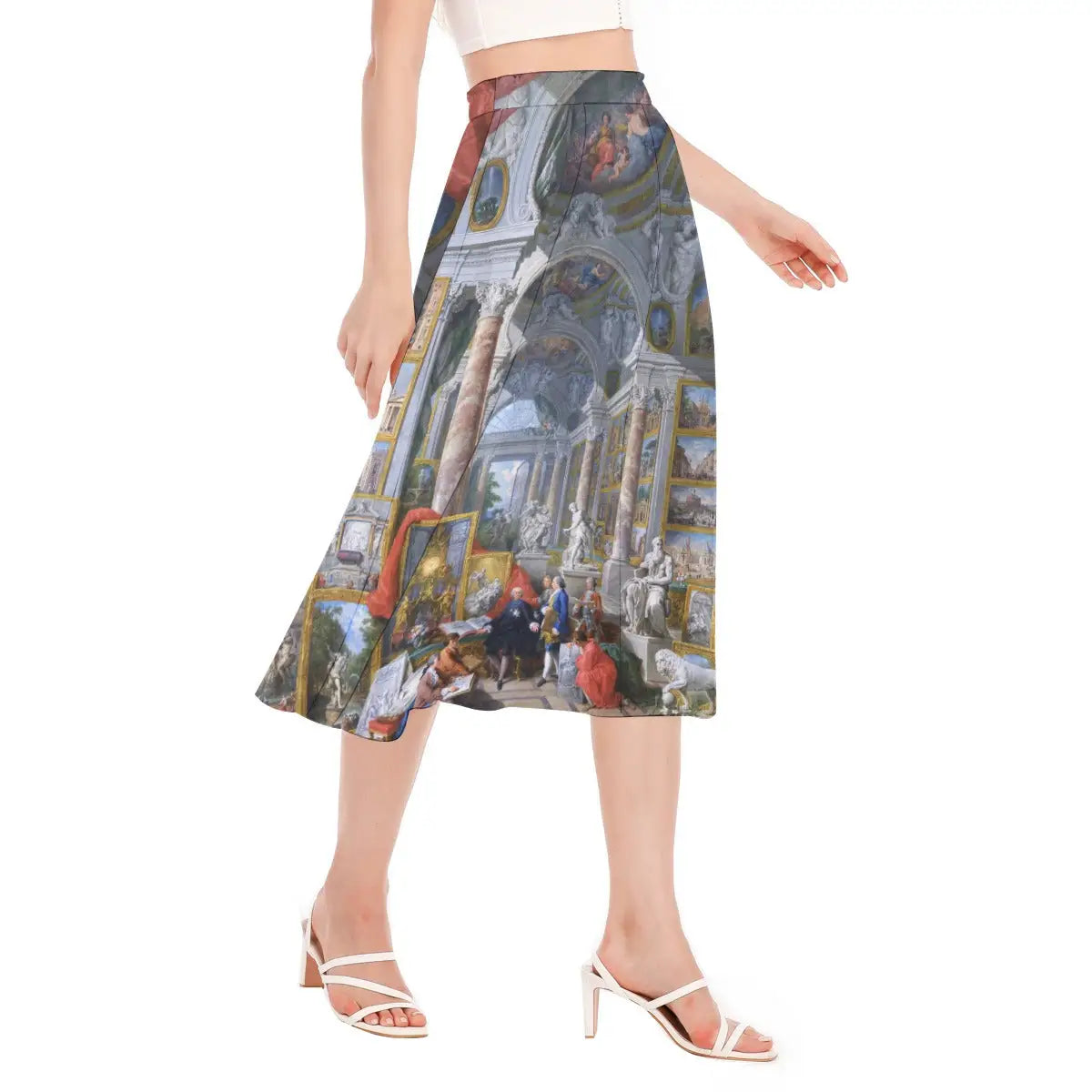 Woman wearing Giovanni Paolo Panini Modern Rome Chiffon Skirt with ivory blouse in museum gallery setting