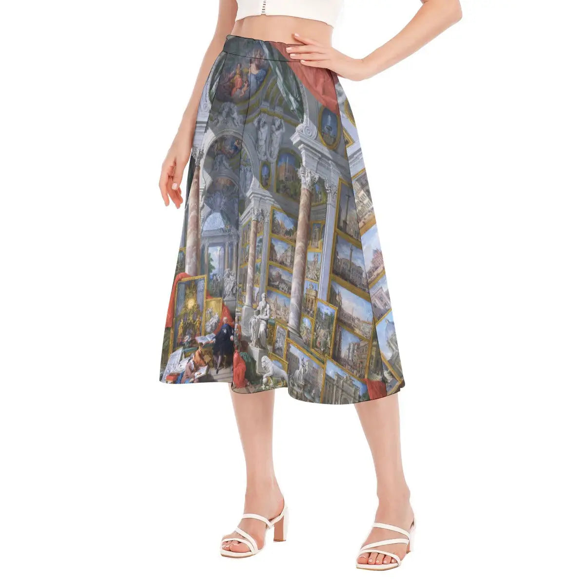 Modern Rome Skirt styled with black turtleneck and gold baroque-inspired jewelry for elegant museum opening event